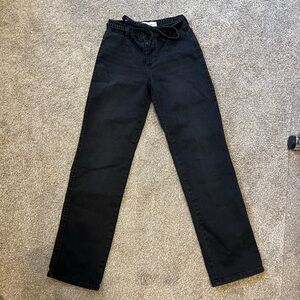 High-Rise Straight Black Jeans with Tie Waist
